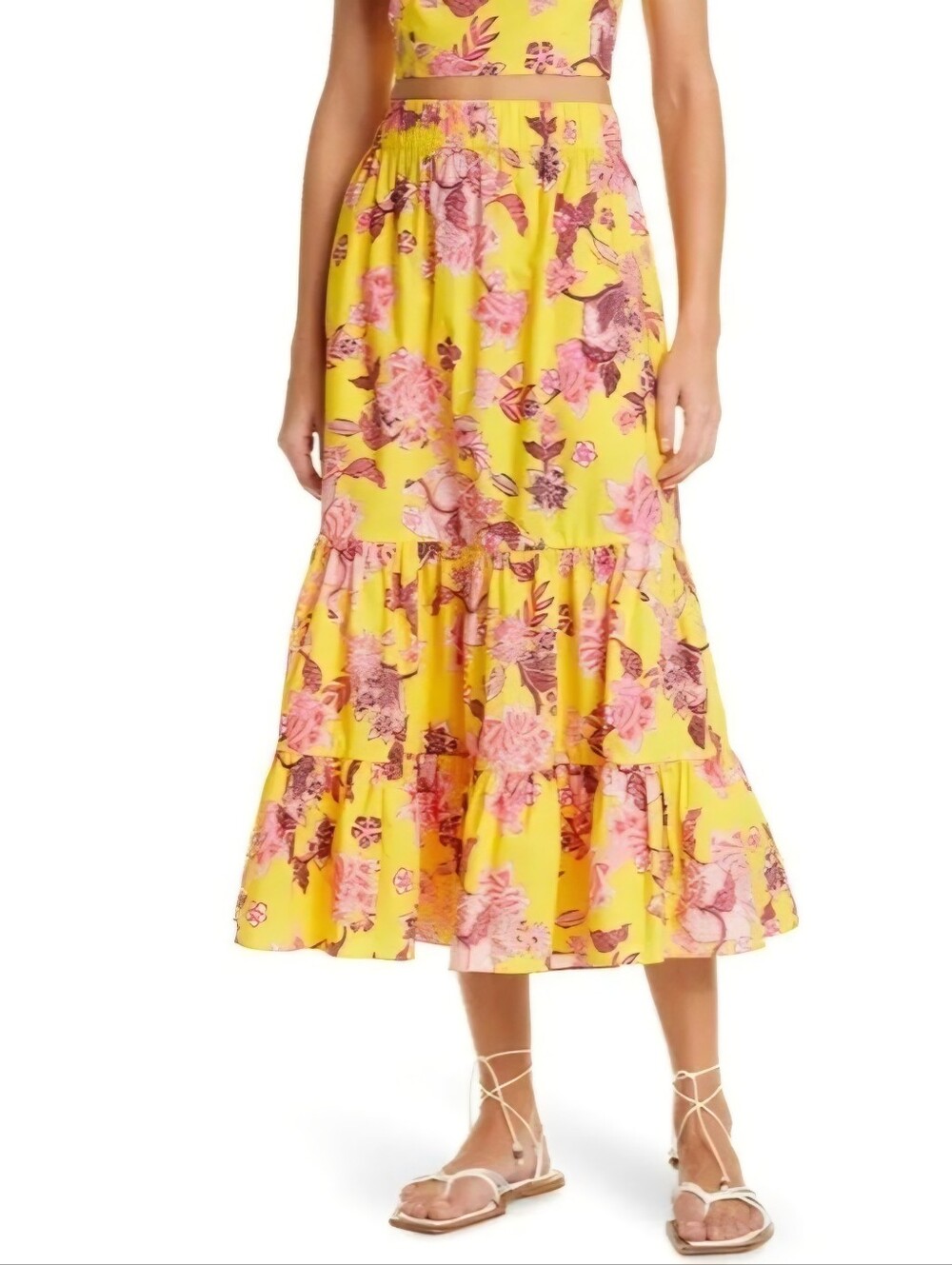 CARA CARA The Chase Tiered Midi Skirt Yellow Floral Large